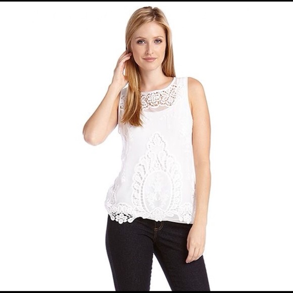 Karen Kane Embroidered Ivory Mesh Lace Tank Top - Picture 2 of 5